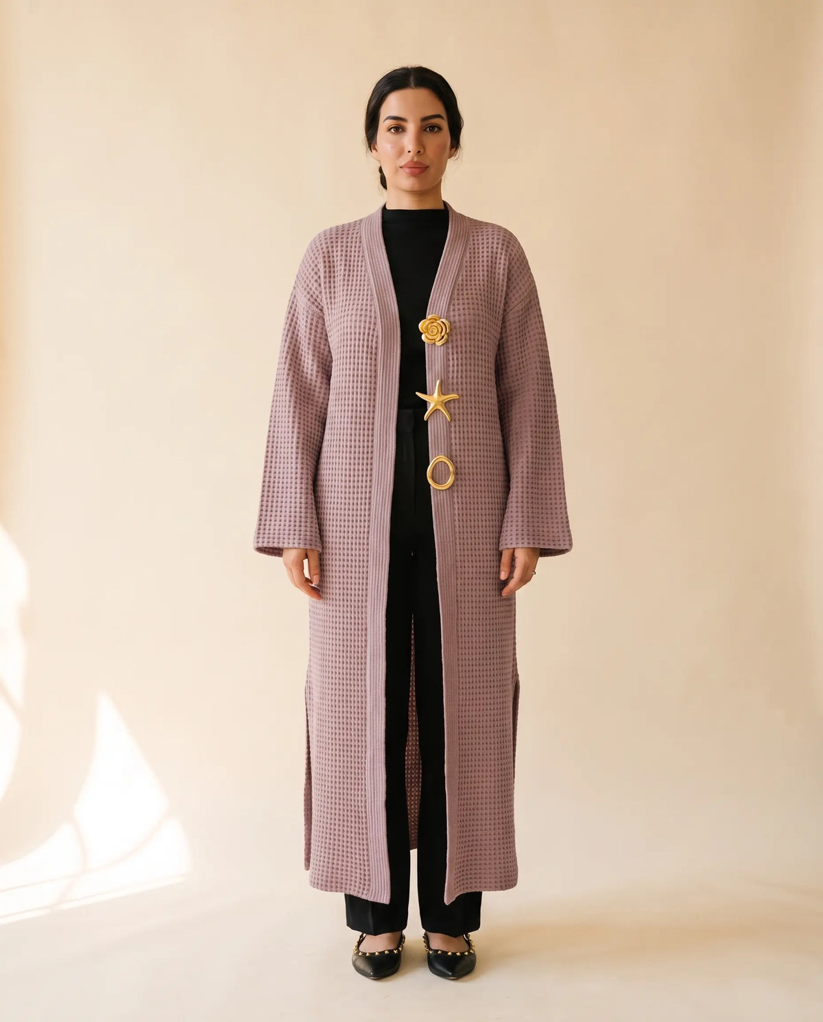 Le Cardigan Doré — maille gaufrée, taille unique